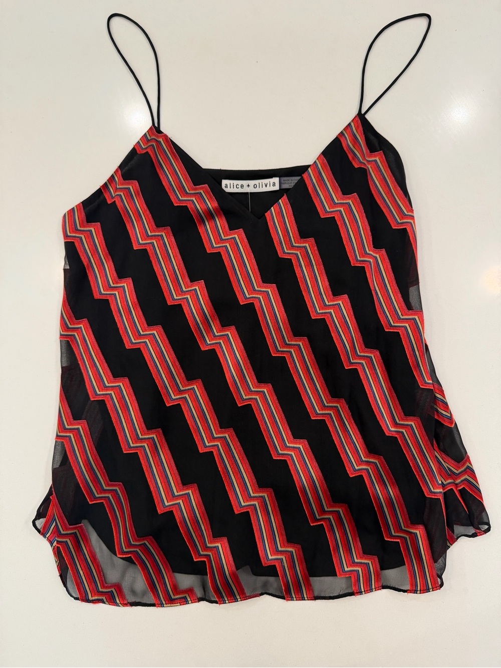Alice + Olivia Black and Red Zigzag Silk-Blend Cami